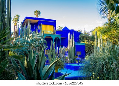 Vivid Blue Building And Garden Of Captus And Exotic Plants. Majorelle Garden. Concept Of Travel And Architecture. Marrakech, Morocco