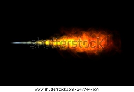 Vivid orange and yellow gunshot flame eruption isolated on black backdrop, firearm blast captured in action, dramatic combustion with smoke trail from shooting
