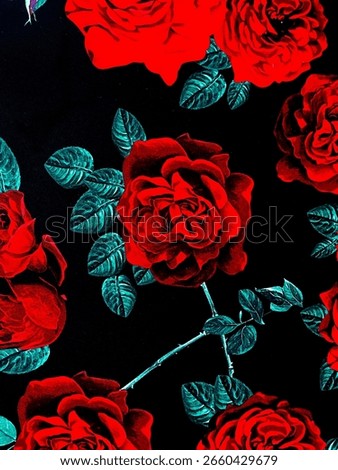 a vivid pattern of deep red roses with teal green leaves on a black background. The strong contrast and rich colors give the image a dramatic and romantic feel, like a bold painting.
