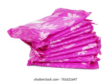 Vivid Pink Sanitary Pad Package For Woman Hygiene Protection Isolated On White Background With Shadow