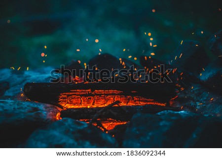 Vivid smoldered firewoods burned in fire close-up. Atmospheric background with orange flame of campfire and blue smoke. Warm full frame image of bonfire. Glowing embers in air. Bright sparks in bokeh