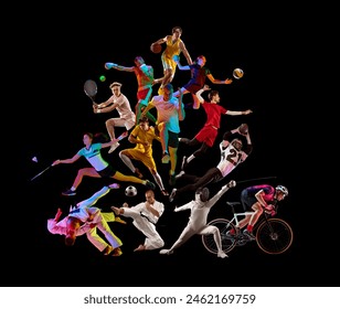 Vivid sport collage. Athletes in tennis, basketball, volleyball, cycling, fencing, and martial arts against black background. Concept of healthy lifestyle, professional sport, team, fitness. Ad - Powered by Shutterstock