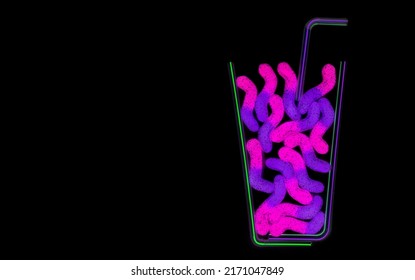 Vivid summer cocktail flat-lay made from drinking straws and gummy worms on black, neon glow effect. - Powered by Shutterstock