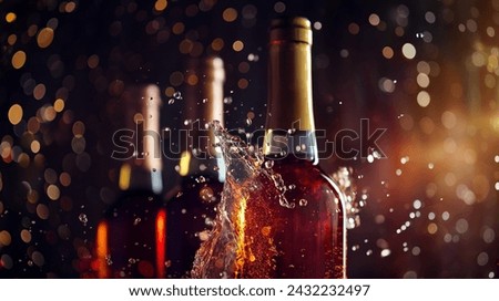 Vivid Wine Eruption Wine bottles against a dark backdrop with a dynamic splash of red wine