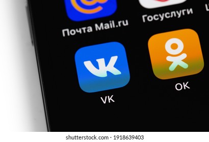VK (VKontakte), OK (Odnoklassniki) - russian social network mobile apps on screen smartphone. Moscow, Russia - November 28, 2020
