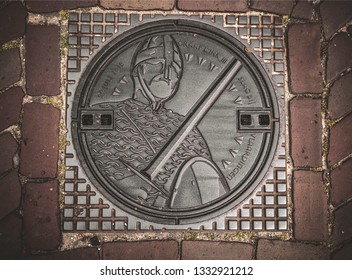 Vlaardingen, Holland. June 2018: a unique sewer with a knight, released for the 1000th anniversary of the city