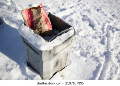 Vladikavkaz , Russia - January 17 , 2022 :  KFC  Fast Food Box Rubbish Inside A Dustbin. 