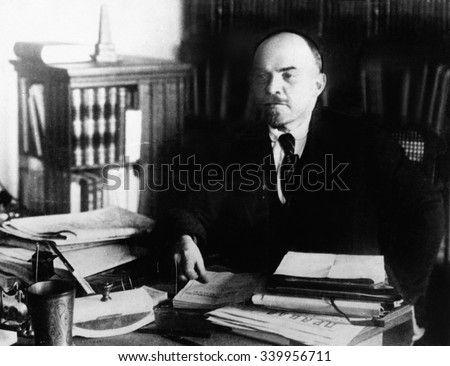 Vladimir Lenin, at his desk between 1920 to 1922. He was the head of the government of Revolutionary Russia from 1917 until his death in 1924.