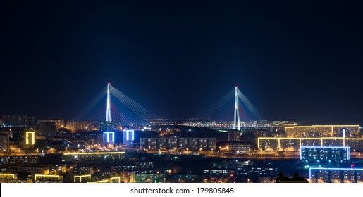 Vladivostok, Bridge. Night View. Winter. 