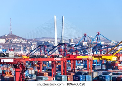 Vladivostok, Russia - 02, January, 2020: Container terminal of the commercial port in the Golden Horn Bay. The terminal station of the Trans-Siberian Railway.