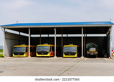 Vladivostok, Russia - May 29, 2022: Shuttle Buses In The Parking Lot Of Vladivostok Airport