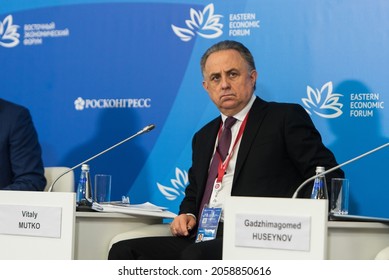 Vladivostok, Russia - September 03, 2021: DOM RF CEO Vitaly Mutko Attends A Session As Part Of The 2021 Eastern Economic Forum At The Far Eastern Federal University On Russky Island.