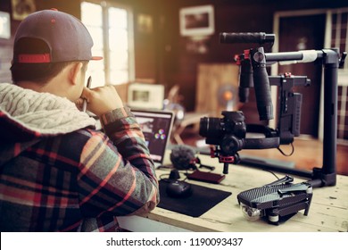 Vlogger editing video create content for upload on social media or internet online connect communication people ware. - Shutterstock ID 1190093437