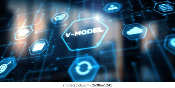 V-Model system and software development lifecycle methodology. Technology concept.
