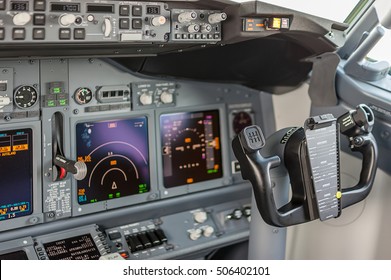 VNUKOVO- May 22, 2015. Cockpit view inside the airliner Boeing 737-800