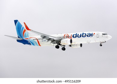 VNUKOVO, MOSCOW REGION, RUSSIA - JANUARY 12, 2015: Boeing 737-8KN A6-FDN of FlyDubai airlines landing at Vnukovo international airport. This plane crashed in Roston-on-Don on March 19th 2016.