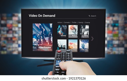 VOD - Video On Demand Service. Television Streaming, TV Broadcast.