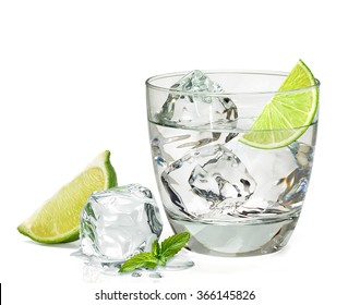 Vodka or gin  with lemon in rocks glass on white background