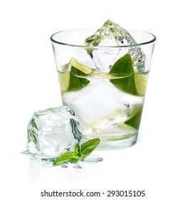 Vodka With Ice And Lime Wedge Isolated On White Background