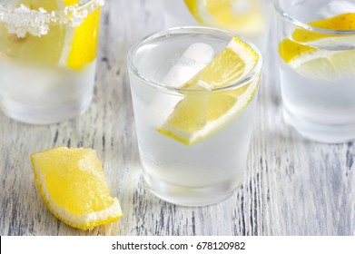 Vodka And Lemon. Vodka With Ice. Selective Focus.