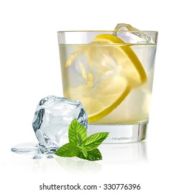 Vodka Lime, Gimlet Or Gin Tonic With Ice In Glass On White Background 