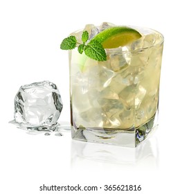 Vodka Lime, Gimlet Or Gin Tonic With Ice In Glass On White Background 