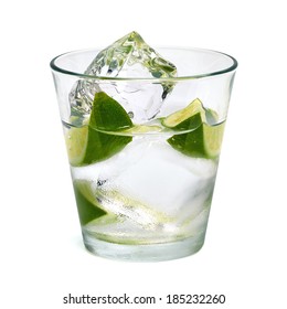 Vodka Lime Wedge With Ice In Rocks Glass On White Background Including Clipping Path