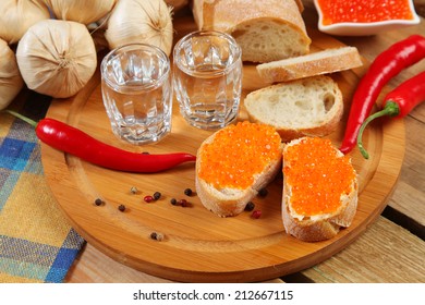 Vodka And Sandwich With Red Caviar