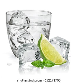 Vodka, Tequila Or Gin  With Lime In Rocks Glass Isolated On White Background