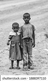 VOI, KENYA - January 2021: Kenyan Kids On The Road: Boy And Girl's Picture In Voi, Kenya