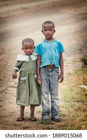 VOI, KENYA - January 2021: Kenyan Kids On The Road: Boy And Girl's Picture In Voi, Kenya