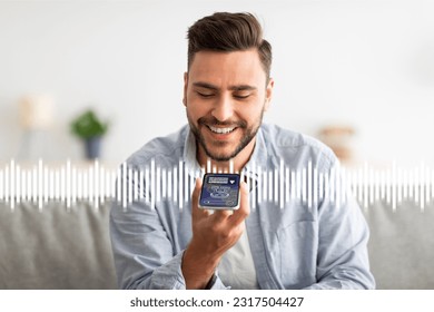 Voice chat bot, conversational AI. Handsome young man sitting on couch recording audio, using smartphone at home, have conversation with online assistant and smiling, collage
