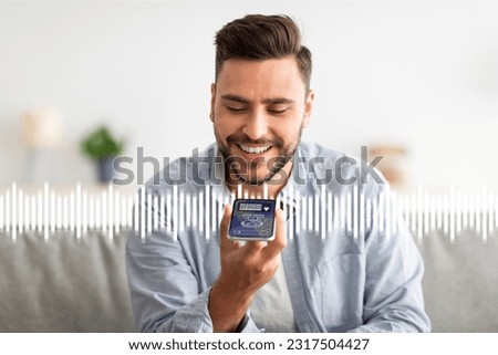Voice chat bot, conversational AI. Handsome young man sitting on couch recording audio, using smartphone at home, have conversation with online assistant and smiling, collage