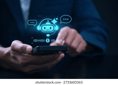 voice enabled AI chatbot assistant on mobile device. hand using smartphone with ai chatbot and voice assistant interface for smart communication, digital support and virtual conversation technology.