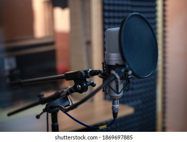 Voice microphone with shock mount and pop filter on professional tripod in audio recording vocal studio. Concept of using recording microphone for professional singing and voiceover.