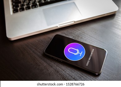 Voice Recognition Artificial Intelligence Sound Speech Detect And Deep Learning Siri Search Concept. Mobile Application With Microphone Icon On Smartphone Screen.