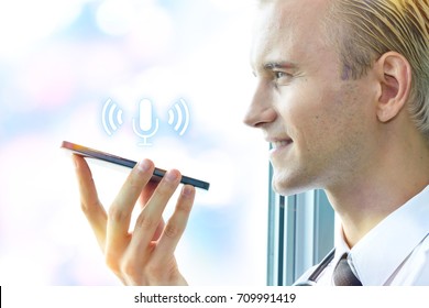 Voice Recognition Biometric , Speech Detect In Healthcare Technology Concept. Doctor Talk To Smartphone For Order Command In Hospital And Microphone Icon.