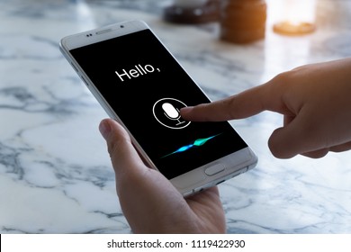 Voice recognition , Speech detect and deep learning concept. Application on mobile phone screen.