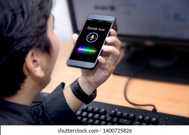 Voice Recognition,search Technology Concept.Close-up Of Businessman Talking On His Mobile Phone