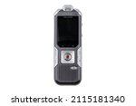 The voice recorder is isolated on a white background. Dictaphone close-up on a white background.