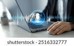 Voice recording and voice search concept.Sound recording or voice search with ai, speaker, music, voice message,assistance and marketing.Person using smartphone with virtual microphone.