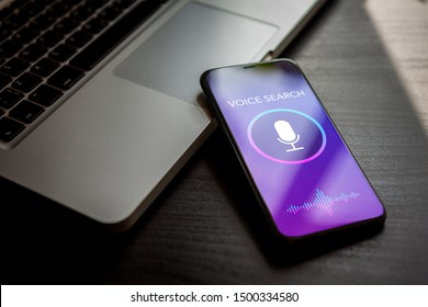 Voice search siri technology, sound recognition, speech detect and deep learning concept. Voice search application with microphone and wave icon on mobile phone screen.