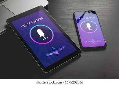 Voice Search Technology, Speech Detect And Sound Recognition Deep Learning Siri Concept. Voice Search Application With Microphone And Wave Icon On Mobile Phone And Tablet Pc Screens