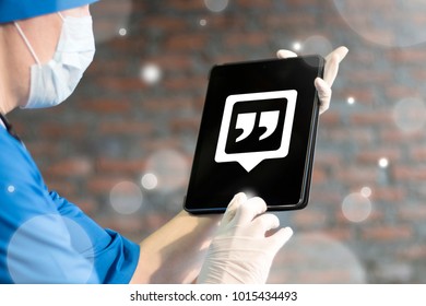 Voice Smart Assistant. Doctor Or Pharmacist Using Tablet Computer Withspeech Balloon Quotation Mark Icon. Health Care Discussion Talk Medical FAQ Mobile Computer Concept.