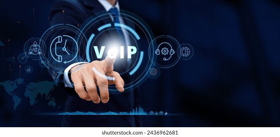 VOIP Global Communications Connectivity Business Information Web Technology. Voice over IP - phone internet call concept. Businessman touching the icon on screen 