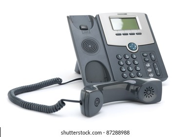 VOIP phone (IP phone) off the hook, isolated on a white background.