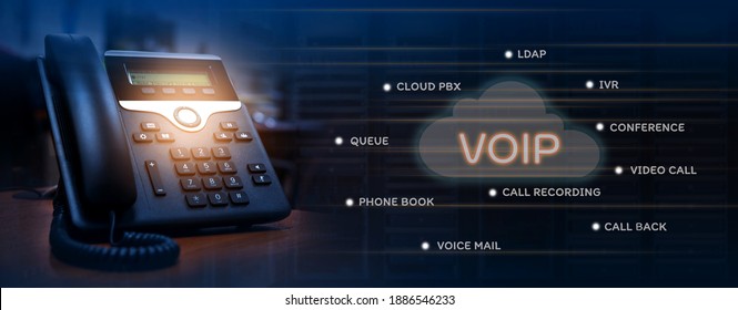 VOIP services concept of ip telephone device on work place, blurred data center with server racks, cloud icon with services words of voip