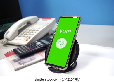 VOIP Telephone With Internet Connection On The Table.