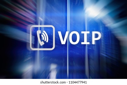 VOIP, Voice over Internet Protocol, technology that allows for speech communication via the Internet. Server room background.