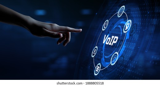 VoIP Voice over IP Telecommunication concept. Hand pressing button on screen.